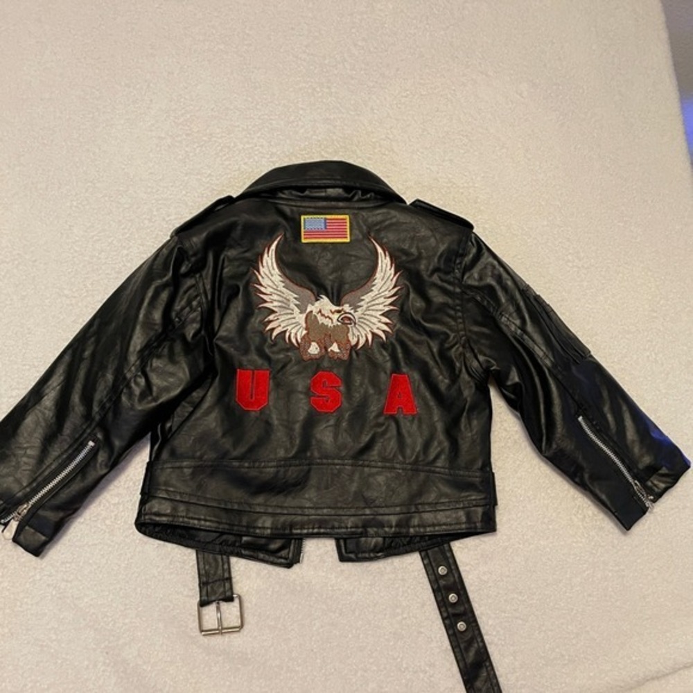 Outdoor Habitat Kids Faux Leather Biker Jacket Black USA Eagle Embroidered 5T